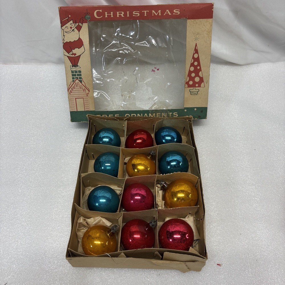 12 Vtg Poland Mercury Glass Christmas Ornaments Colorful Mix Fantasia Box